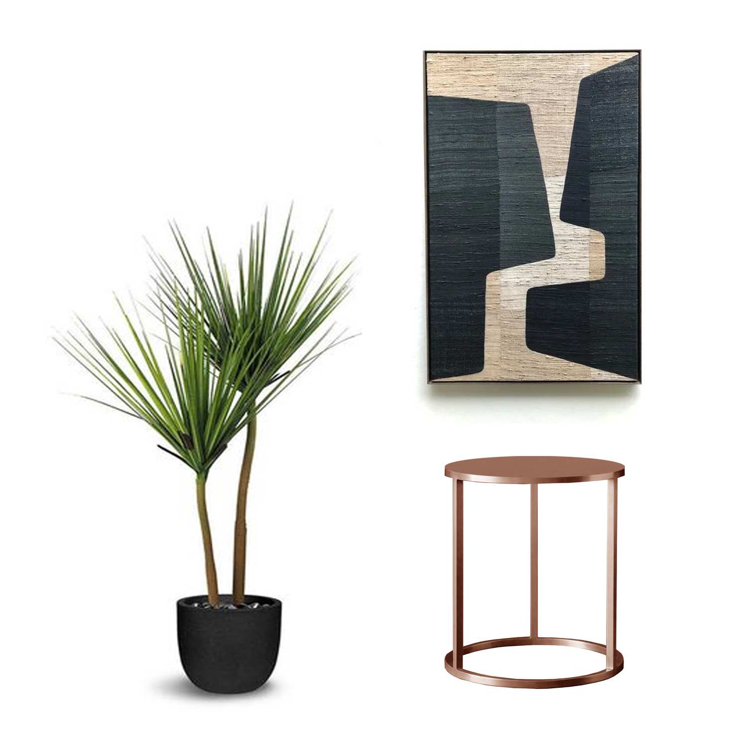 Mesa auxiliar Nes cobre 40×50 con fondo blanco, un macetero al lado y un cuadro de fondo