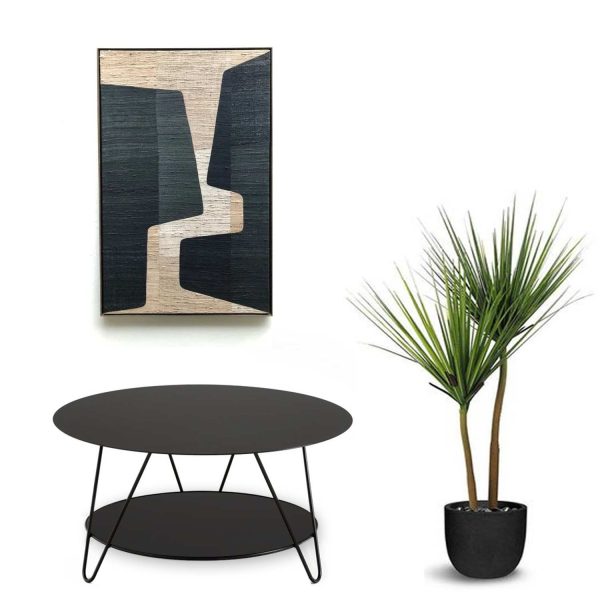 Mesa de centro Askim 80×41 Negro con fondo blanco, macetero y cuadro de fondo