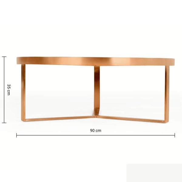 mesa de centro metálica color cobre con sus medidas
