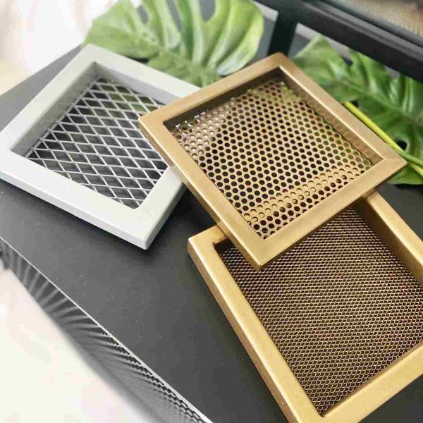 Muestra de colores y mallas para muebles metálicos: plata, bronce