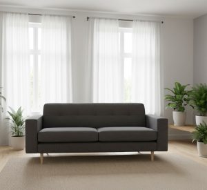 sofá gris en un living ambientado